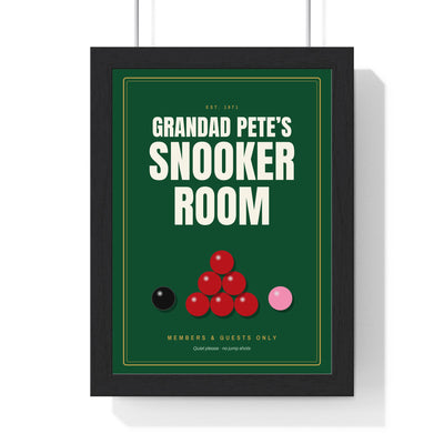 Personalised Snooker Room Sign Print - framed personalised snooker room sign print in baize green and gold