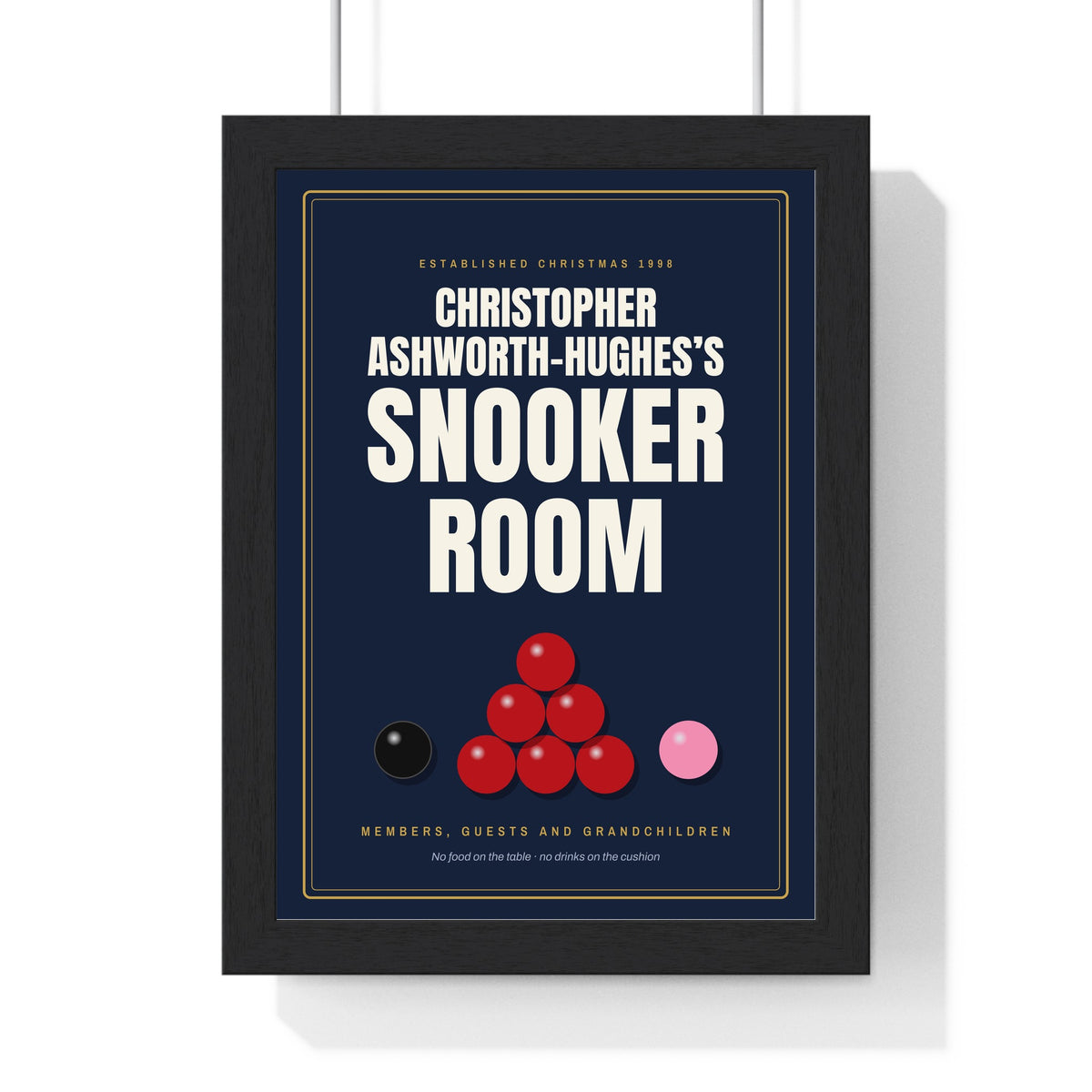 Personalised Snooker Room Sign Print - framed navy and gold version with a long name