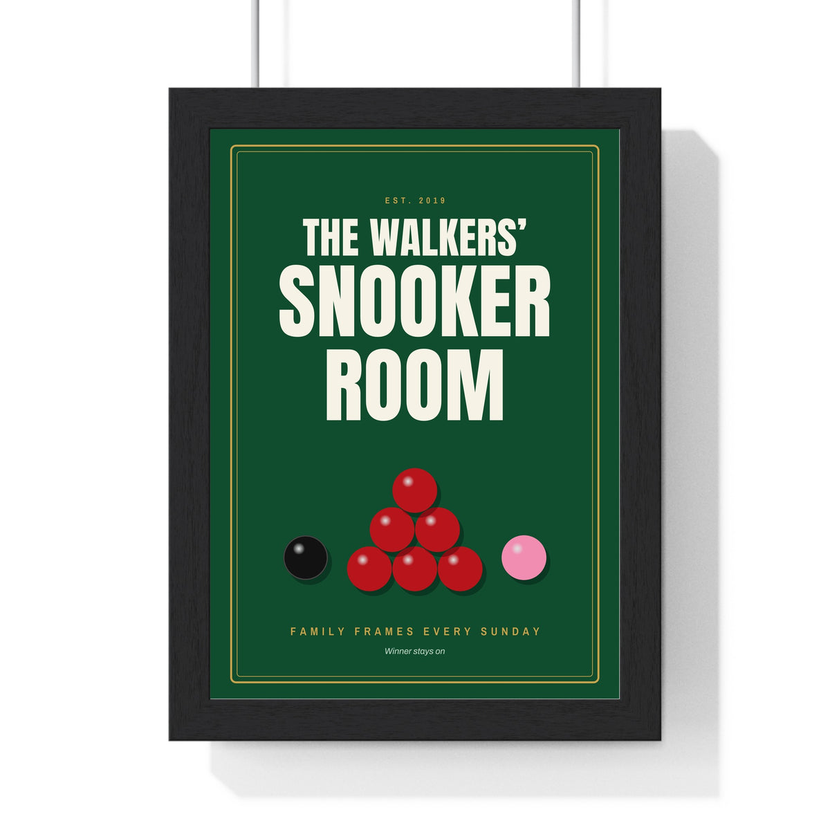 Personalised Snooker Room Sign Print - framed green version for a family games room