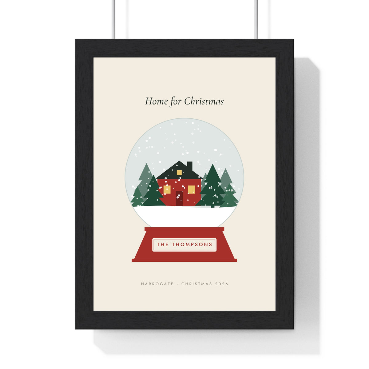 Personalised Snow Globe Print - framed cream and red snow globe print with the family name on the base