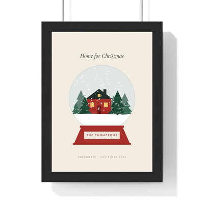 Personalised Snow Globe Print - framed cream and red snow globe print with the family name on the base
