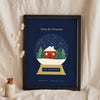 Personalised Snow Globe Print - navy and gold snow globe print leaning on a shelf