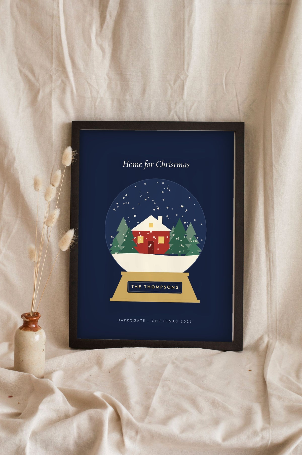 Personalised Snow Globe Print - navy and gold snow globe print leaning on a shelf