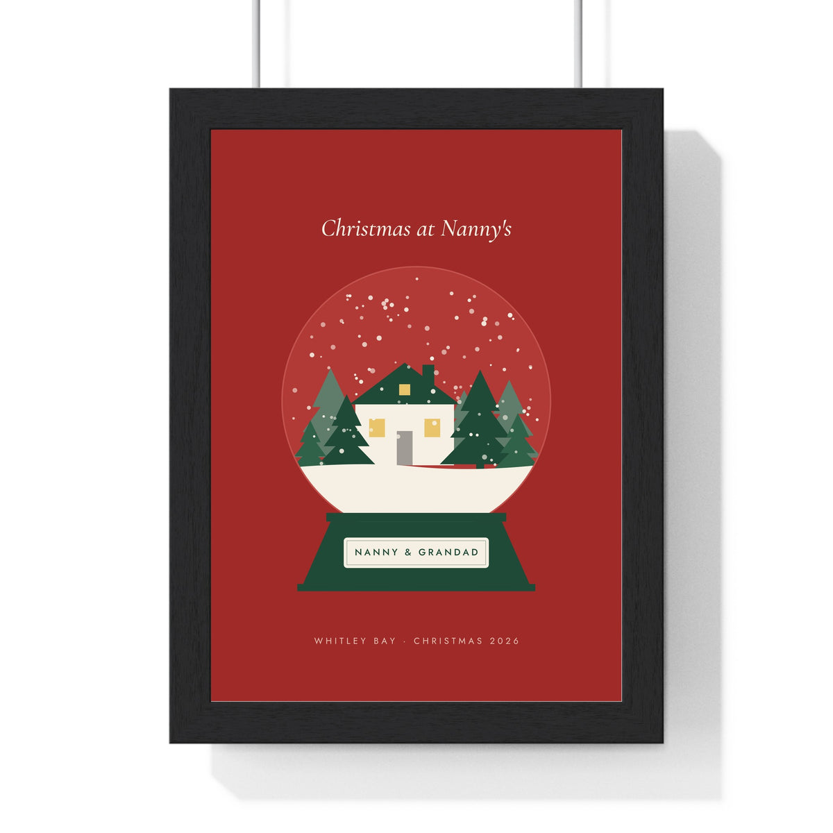 Personalised Snow Globe Print - framed Christmas red version for Nanny and Grandad
