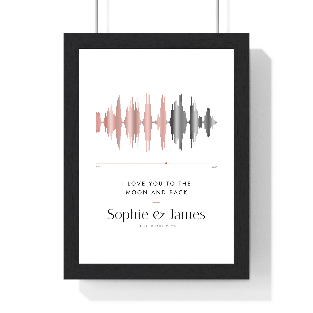 Personalised Soundwave Print - framed white soundwave print with a two-tone wave, I love you to the moon and back