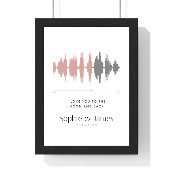 Personalised Soundwave Print - framed white soundwave print with a two-tone wave, I love you to the moon and back