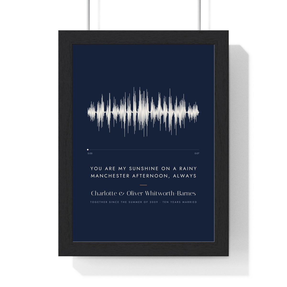 Personalised Soundwave Print - framed navy line soundwave for a tenth anniversary
