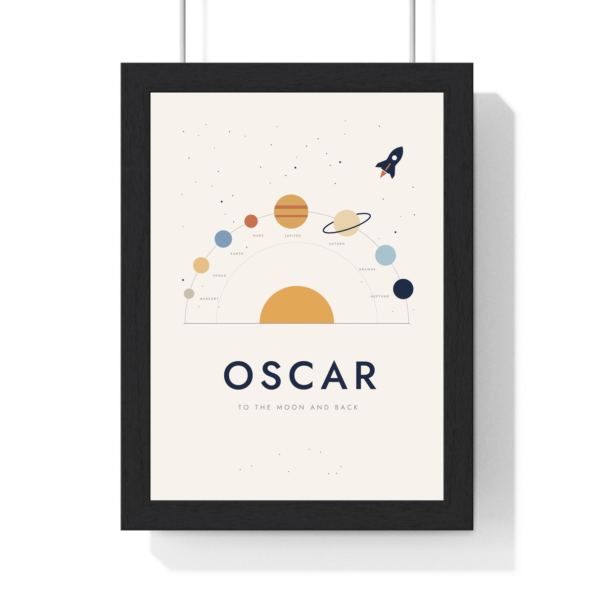 Personalised Space Name Print - framed soft white solar system name print for Oscar