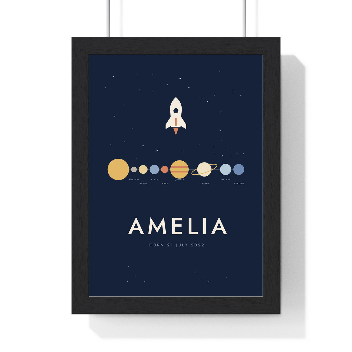 Personalised Space Name Print - framed midnight navy row version