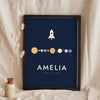 Personalised Space Name Print - midnight navy planets in a row print leaning on a shelf