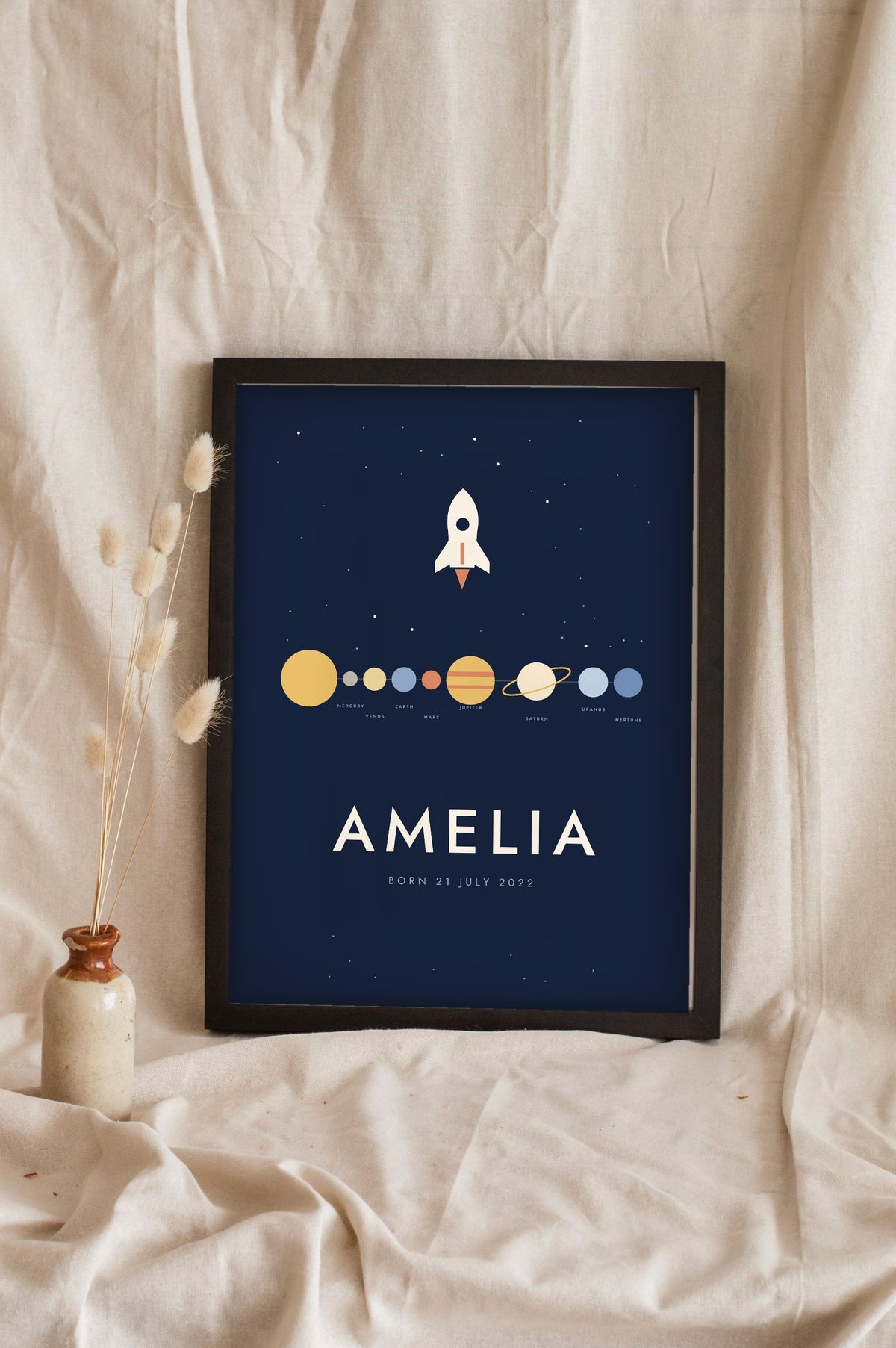 Personalised Space Name Print - midnight navy planets in a row print leaning on a shelf