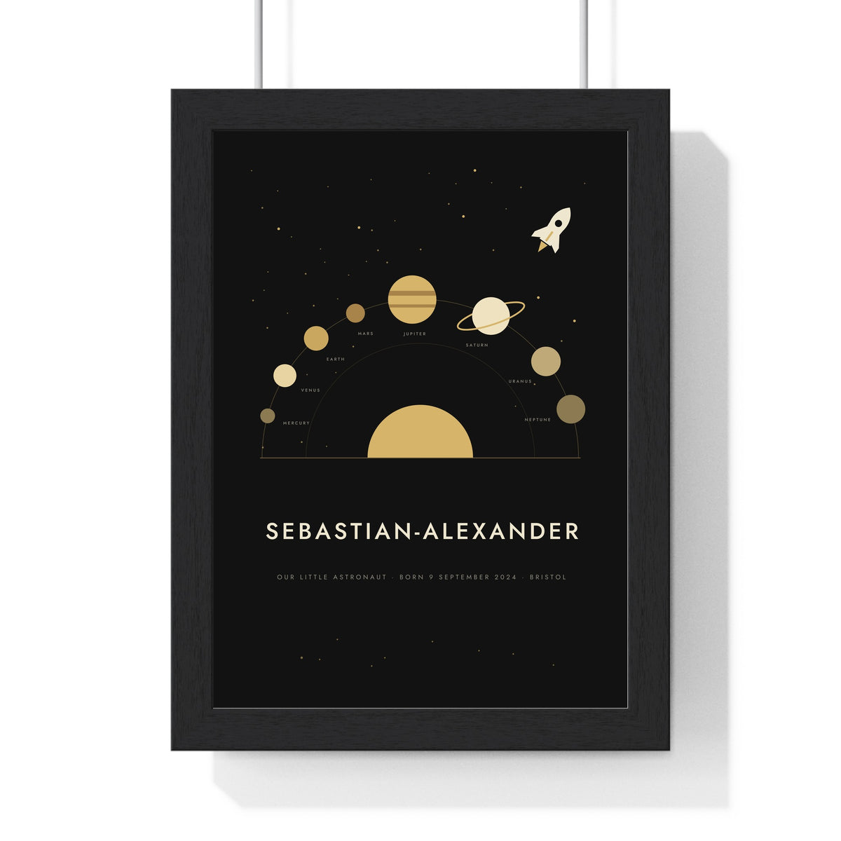 Personalised Space Name Print - framed black and gold arc version