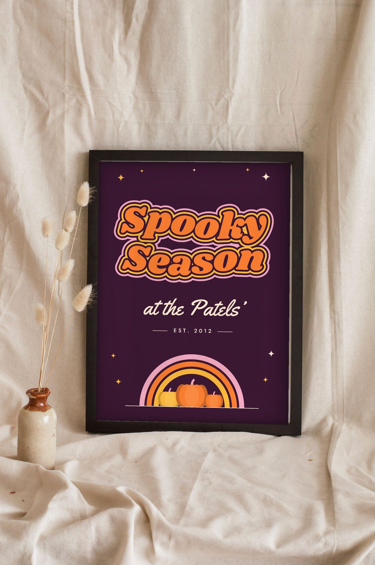 Personalised Spooky Season Family Print - plum night version leaning on a shelf