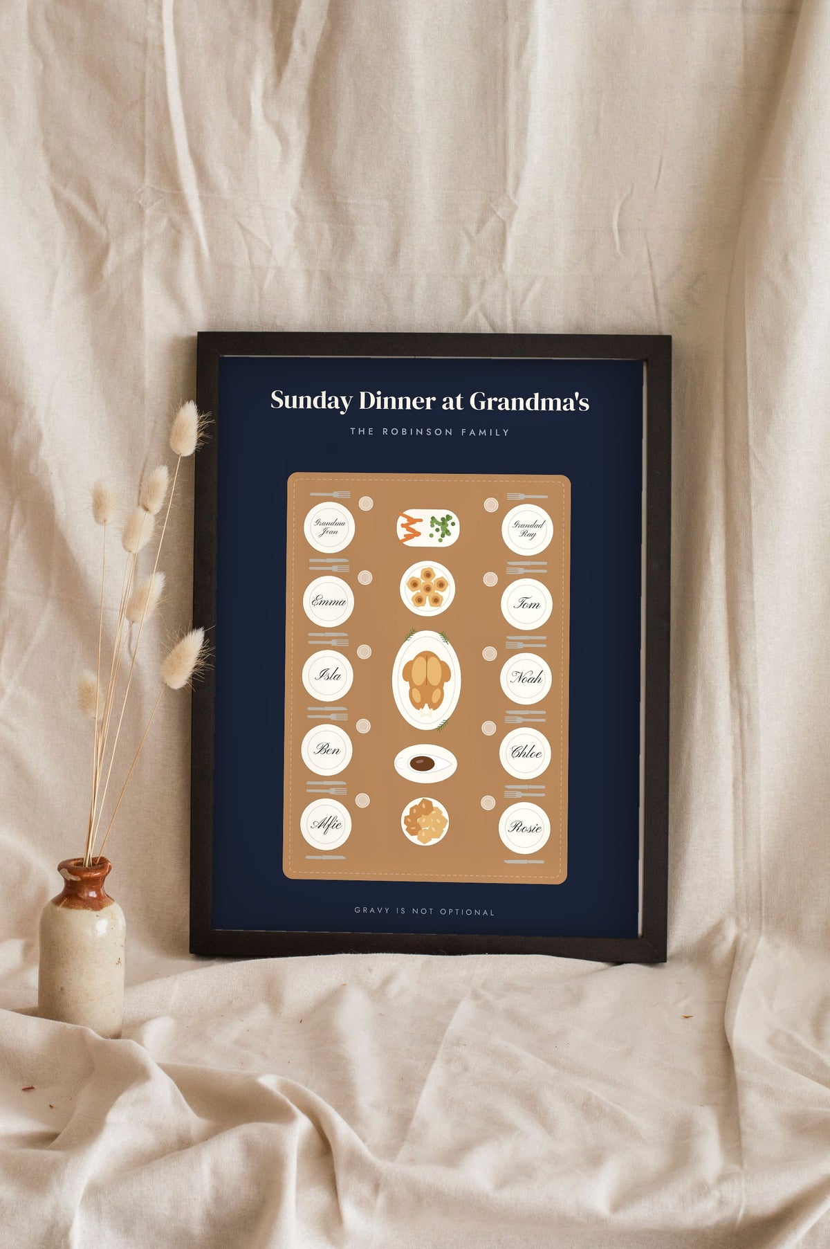 Personalised Sunday Dinner at Nan's Print - navy version with ten names round an oak table