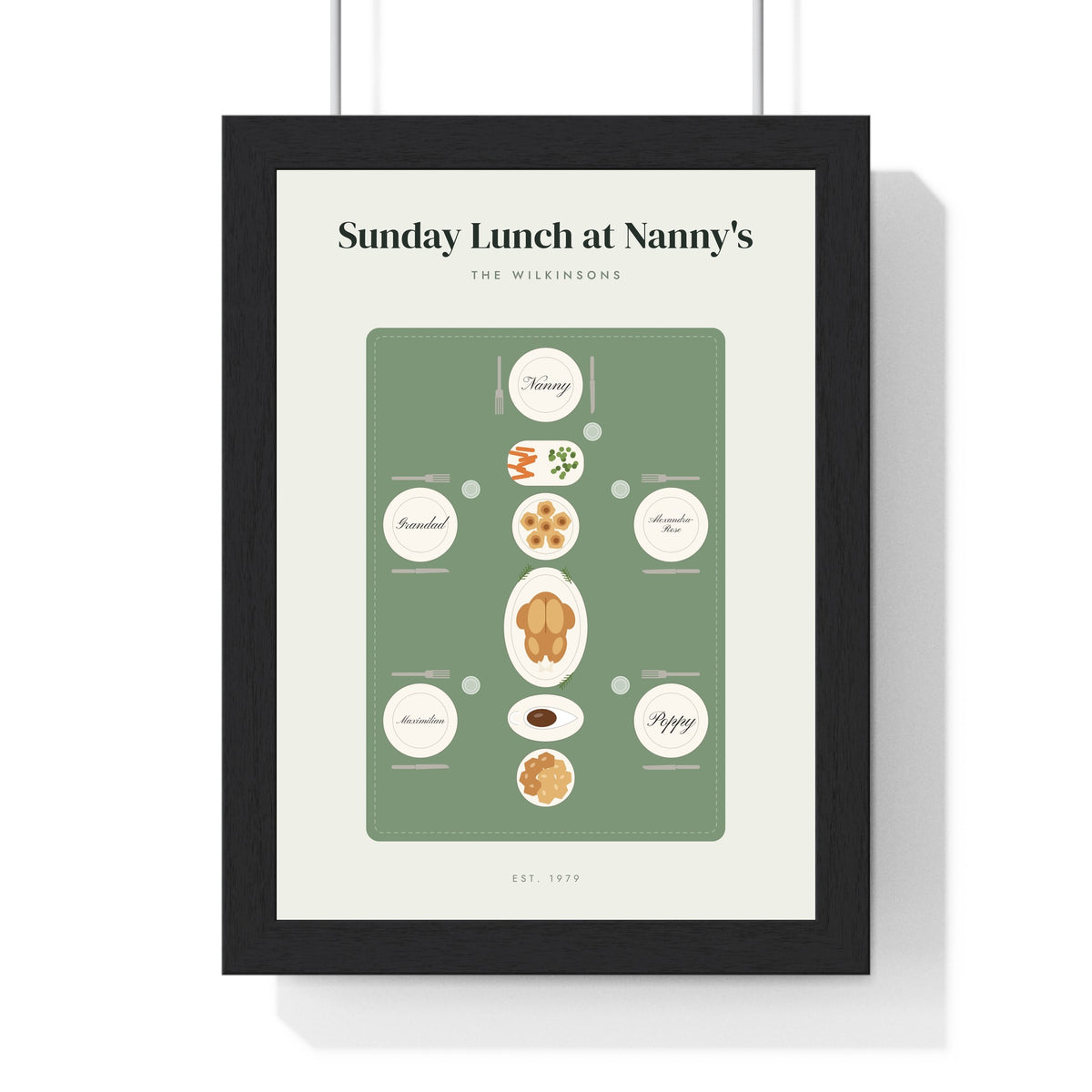 Personalised Sunday Dinner at Nan's Print - sage tablecloth version with five names