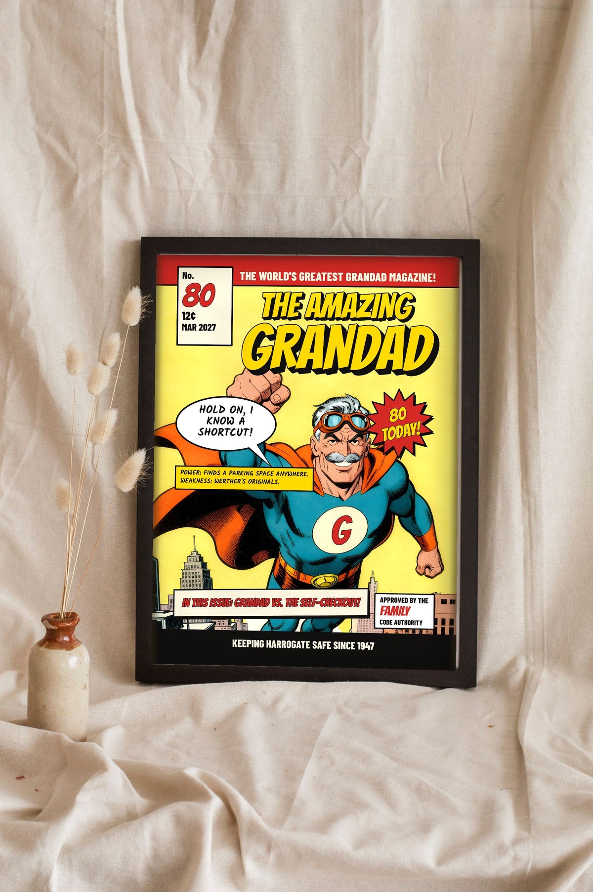 Personalised Superhero Comic Cover Print - Amazing Grandad comic cover with a flying hero