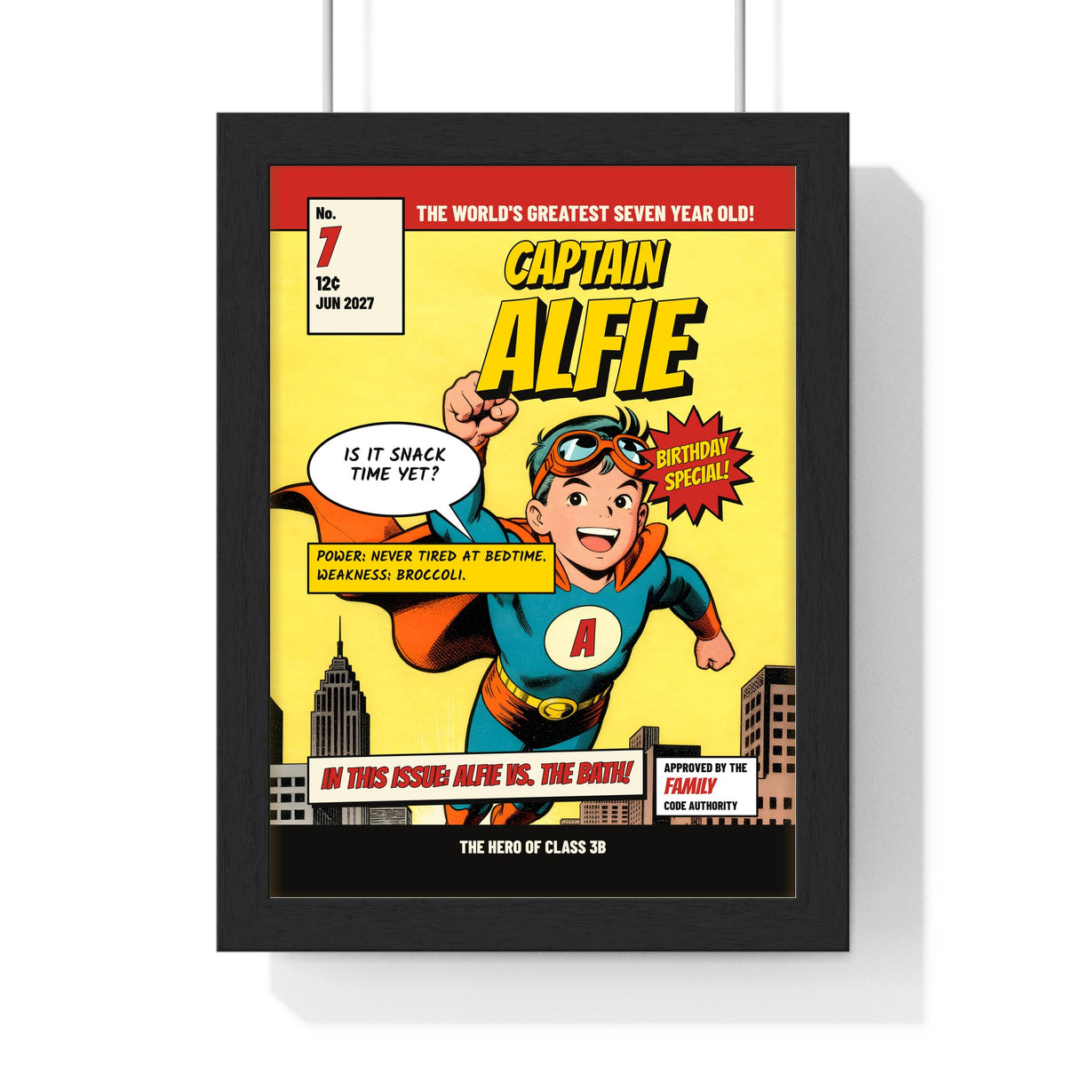 Personalised Superhero Comic Cover Print - Captain Alfie kid hero comic cover