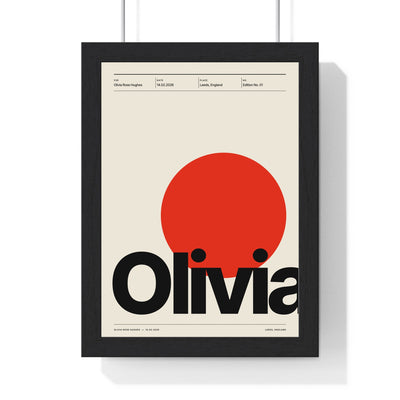 Personalised Swiss Typographic Print - framed Swiss typographic print reading Olivia with a red disc
