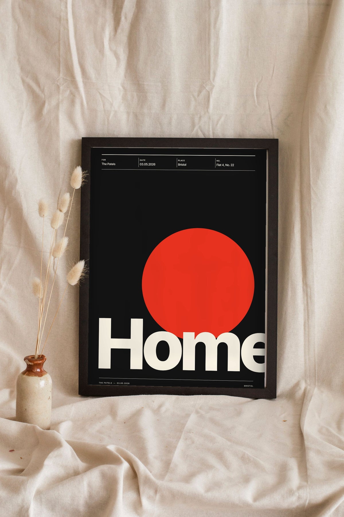 Personalised Swiss Typographic Print - black and red Home print leaning on a shelf