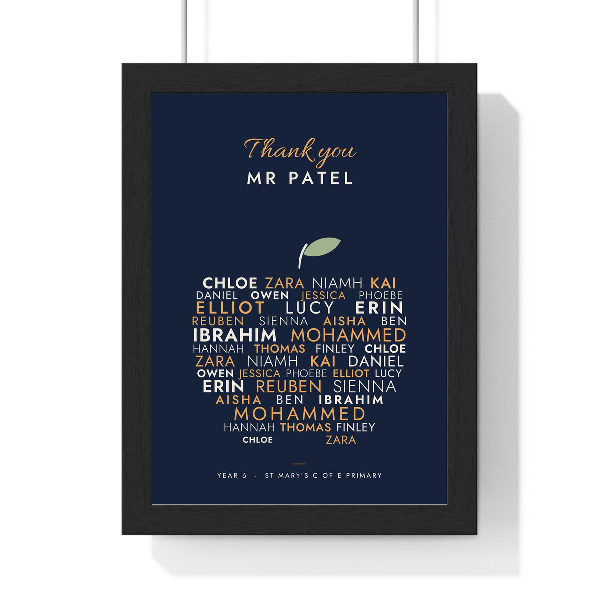 Personalised Teacher Thank You Print - framed navy apple version