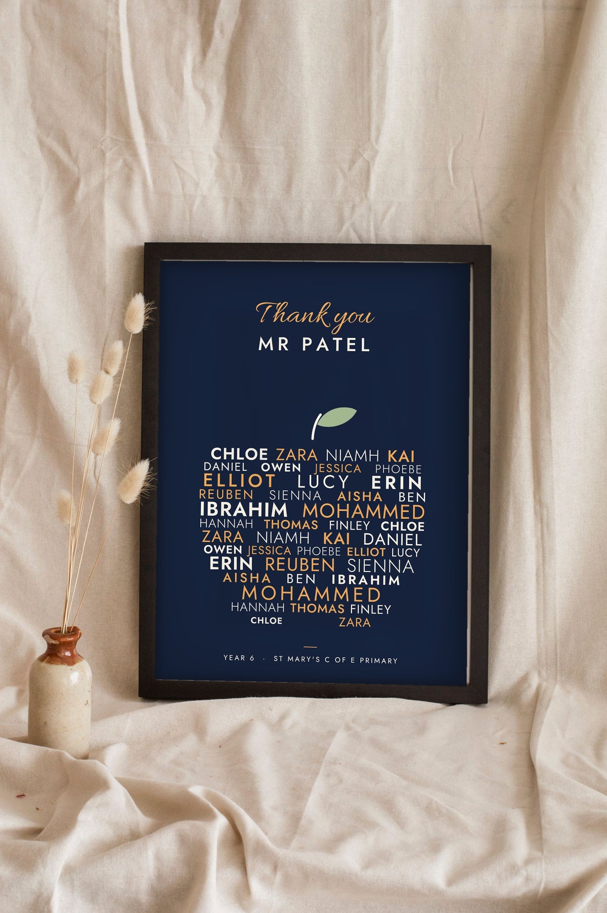 Personalised Teacher Thank You Print - navy and gold apple of names for Mr Patel