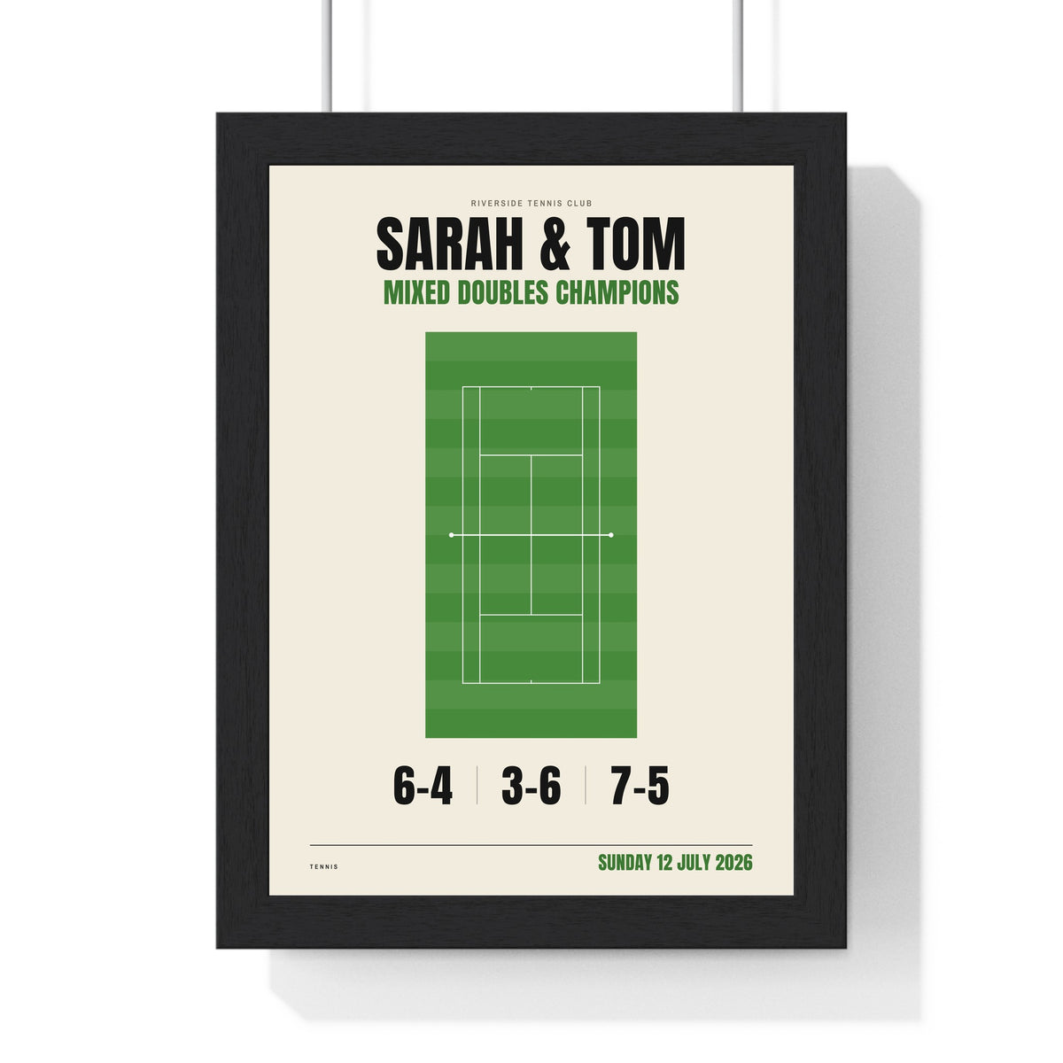 Personalised Tennis Print - framed personalised tennis court print for Sarah and Tom on a grass court
