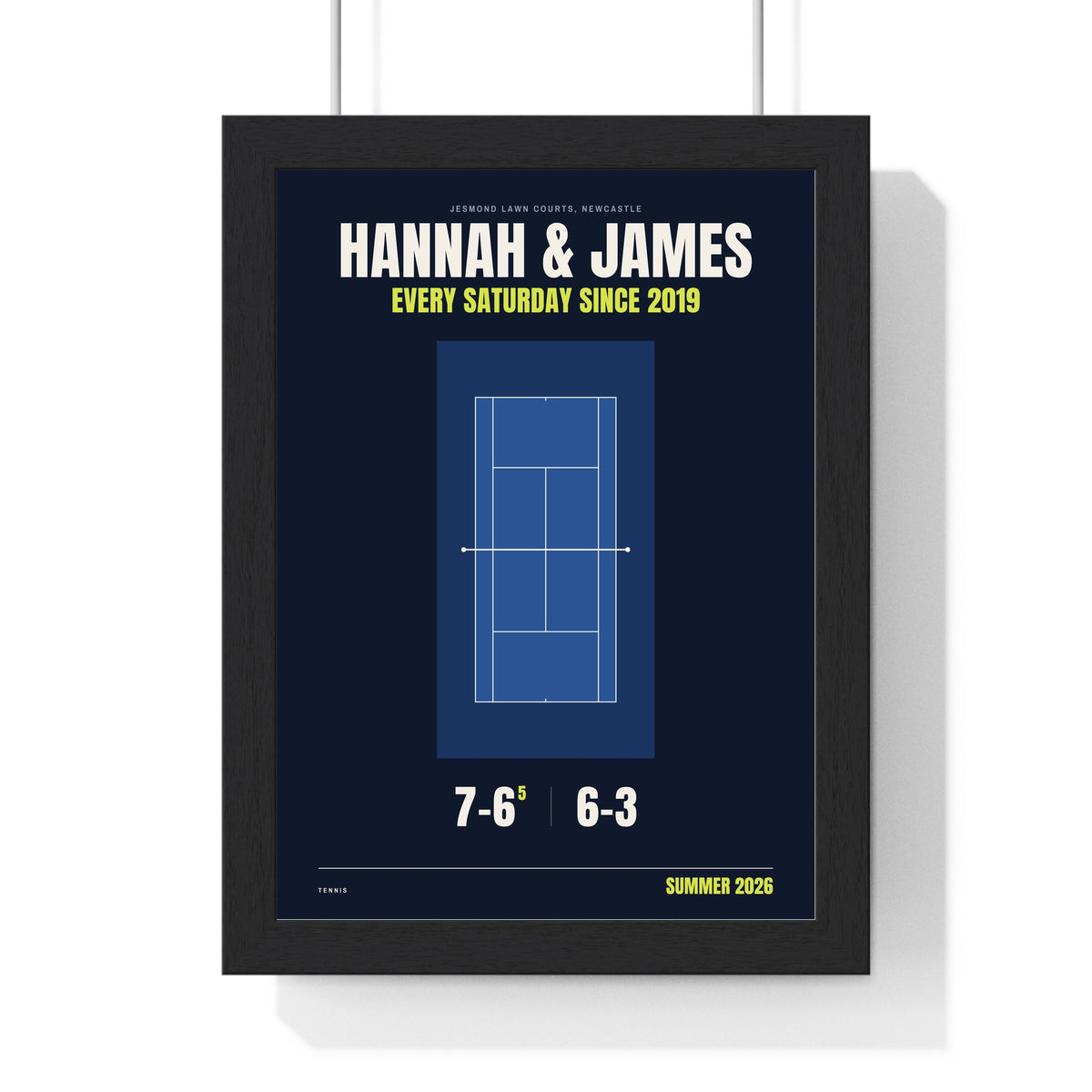 Personalised Tennis Print - framed navy tennis print for Hannah and James