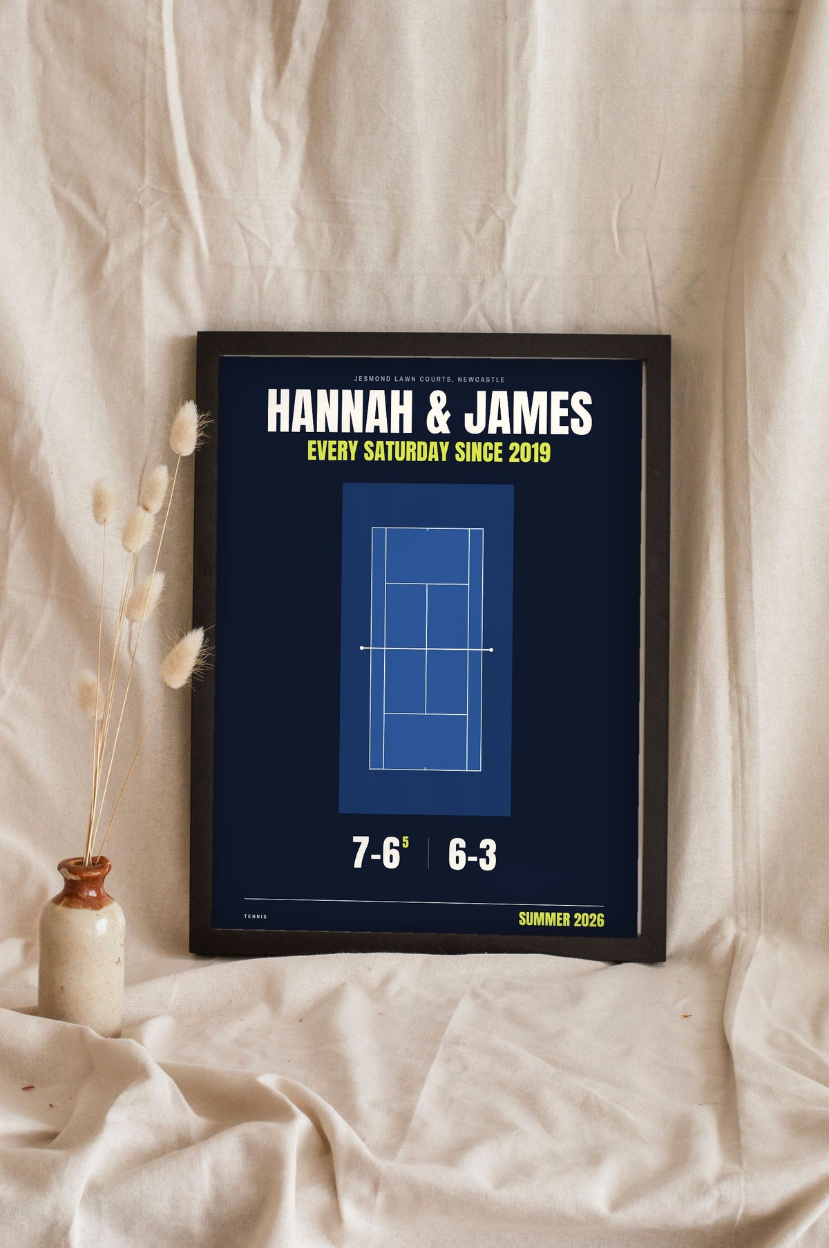 Personalised Tennis Print - navy night tennis court print with a tie-break score