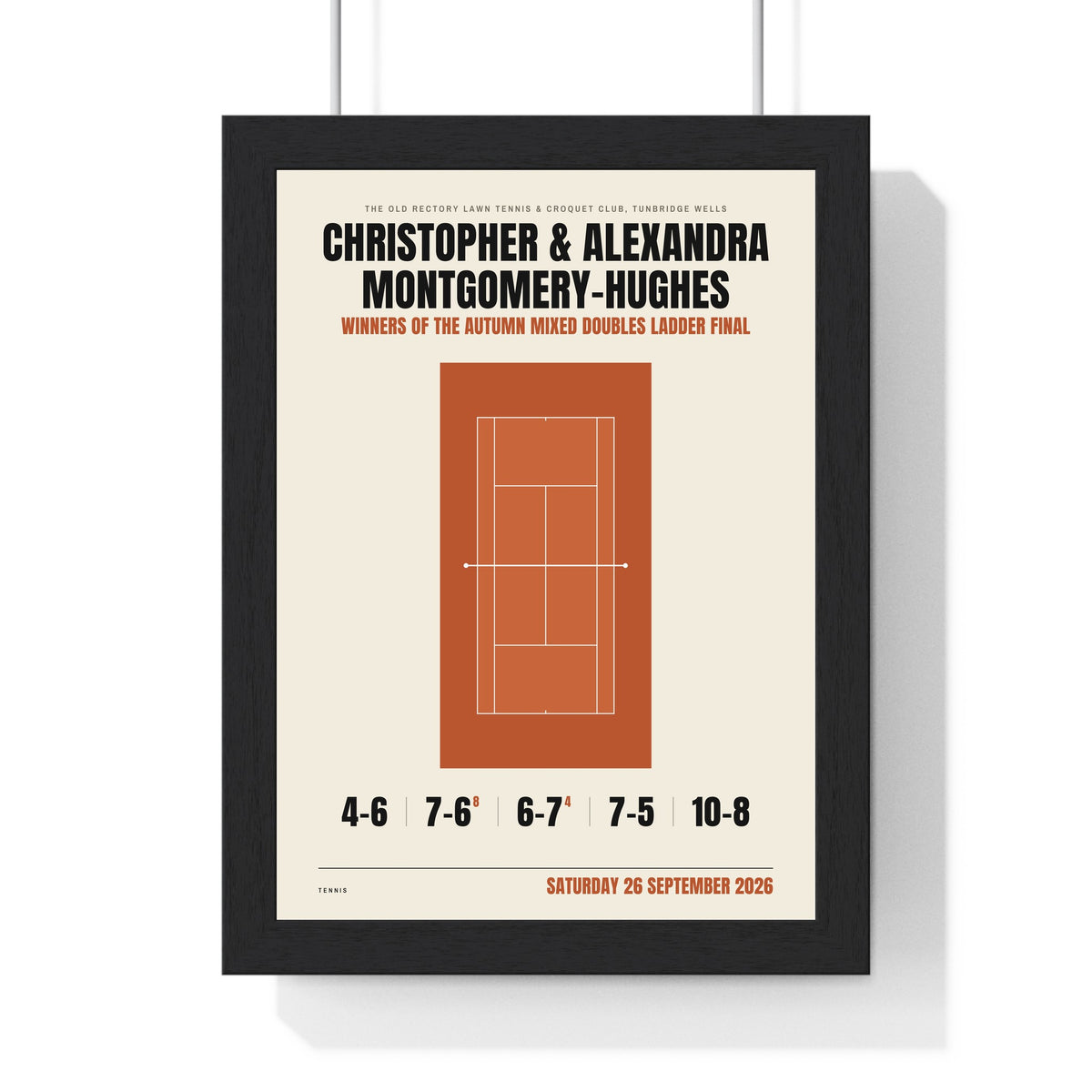 Personalised Tennis Print - framed clay court tennis print with a five set score