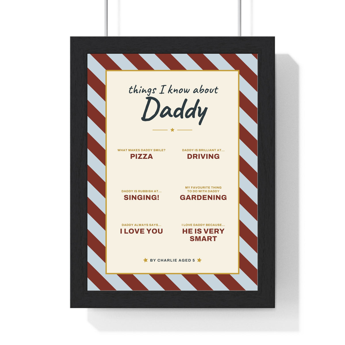 Personalised Things I Know About Daddy Print - framed burgundy and blue Things I Know About Daddy print