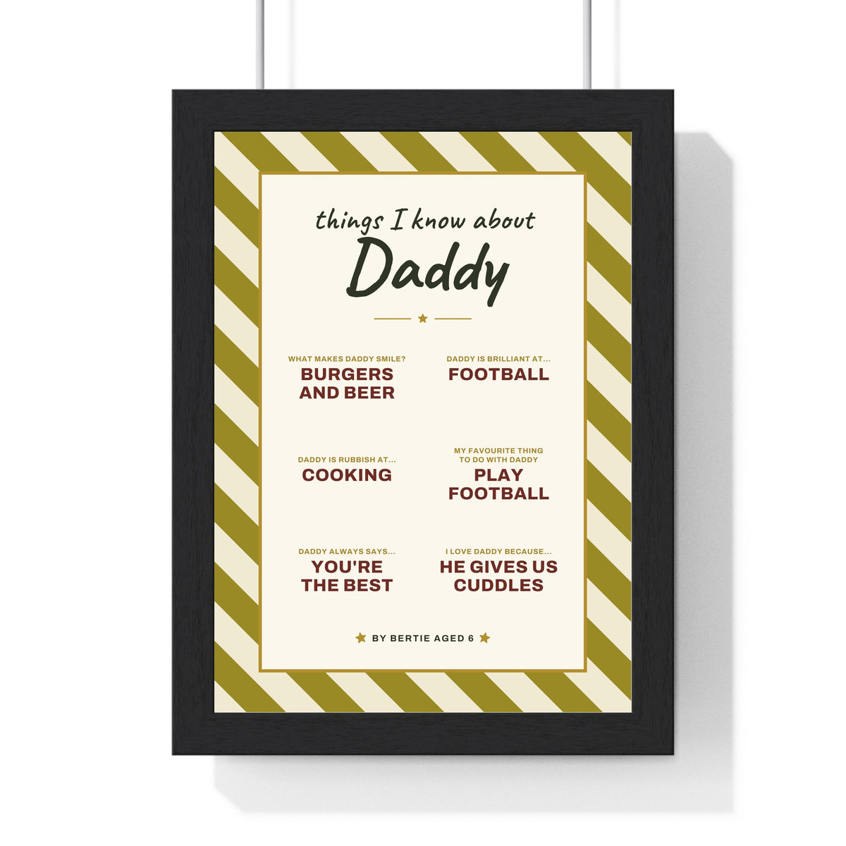 Personalised Things I Know About Daddy Print - framed olive and cream Daddy version