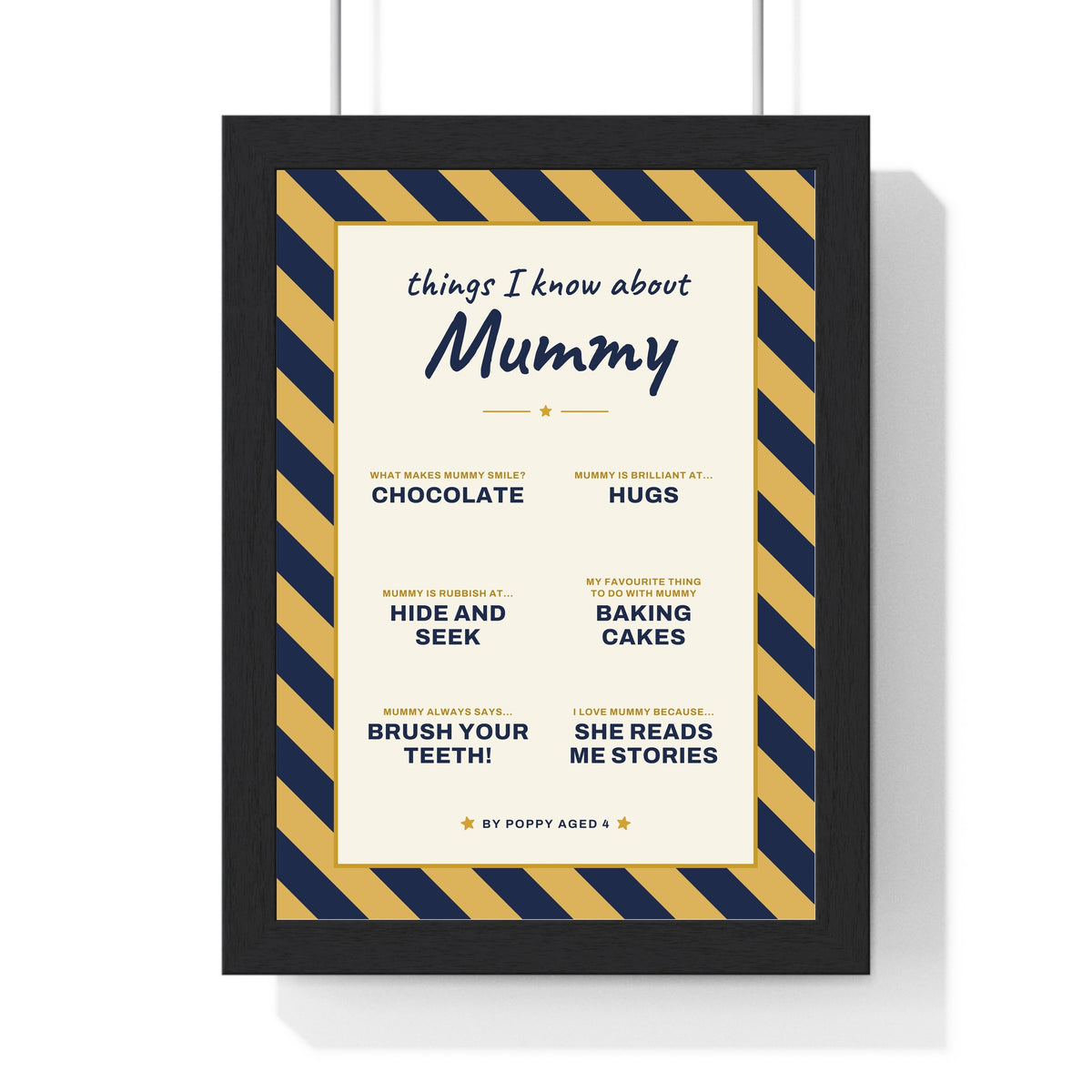 Personalised Things I Know About Daddy Print - framed navy and mustard Mummy version