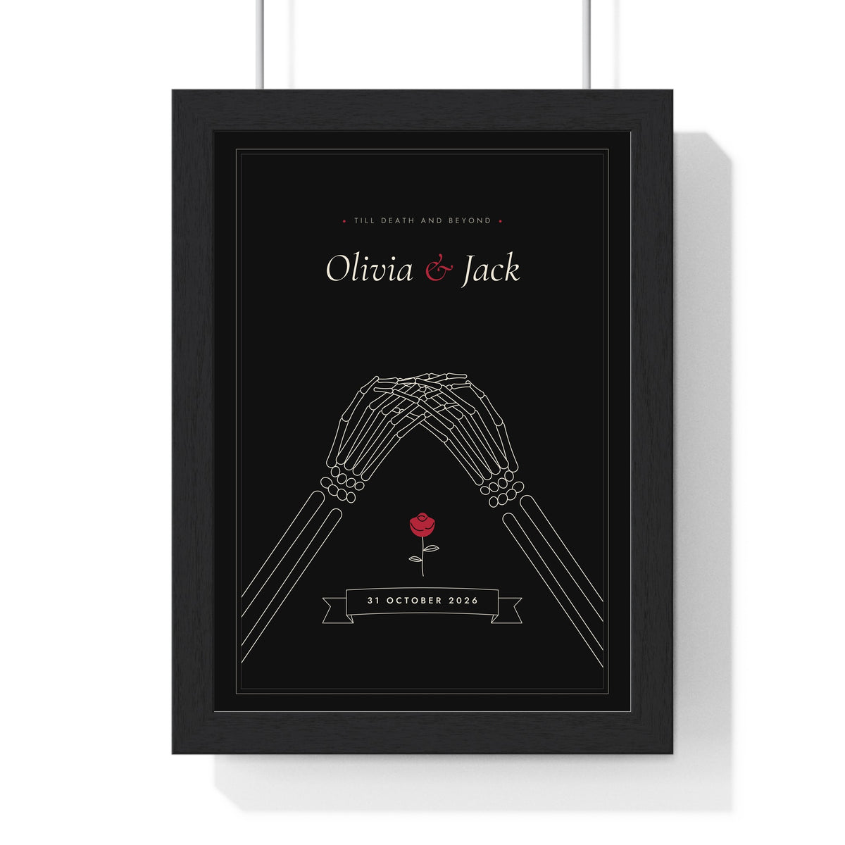 Personalised Till Death Do Us Part Print - framed skeleton hands couple print in bone on black