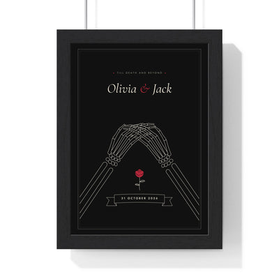 Personalised Till Death Do Us Part Print - framed skeleton hands couple print in bone on black