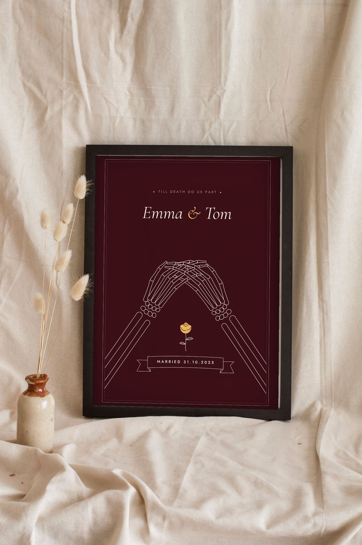 Personalised Till Death Do Us Part Print - oxblood married version leaning on a shelf
