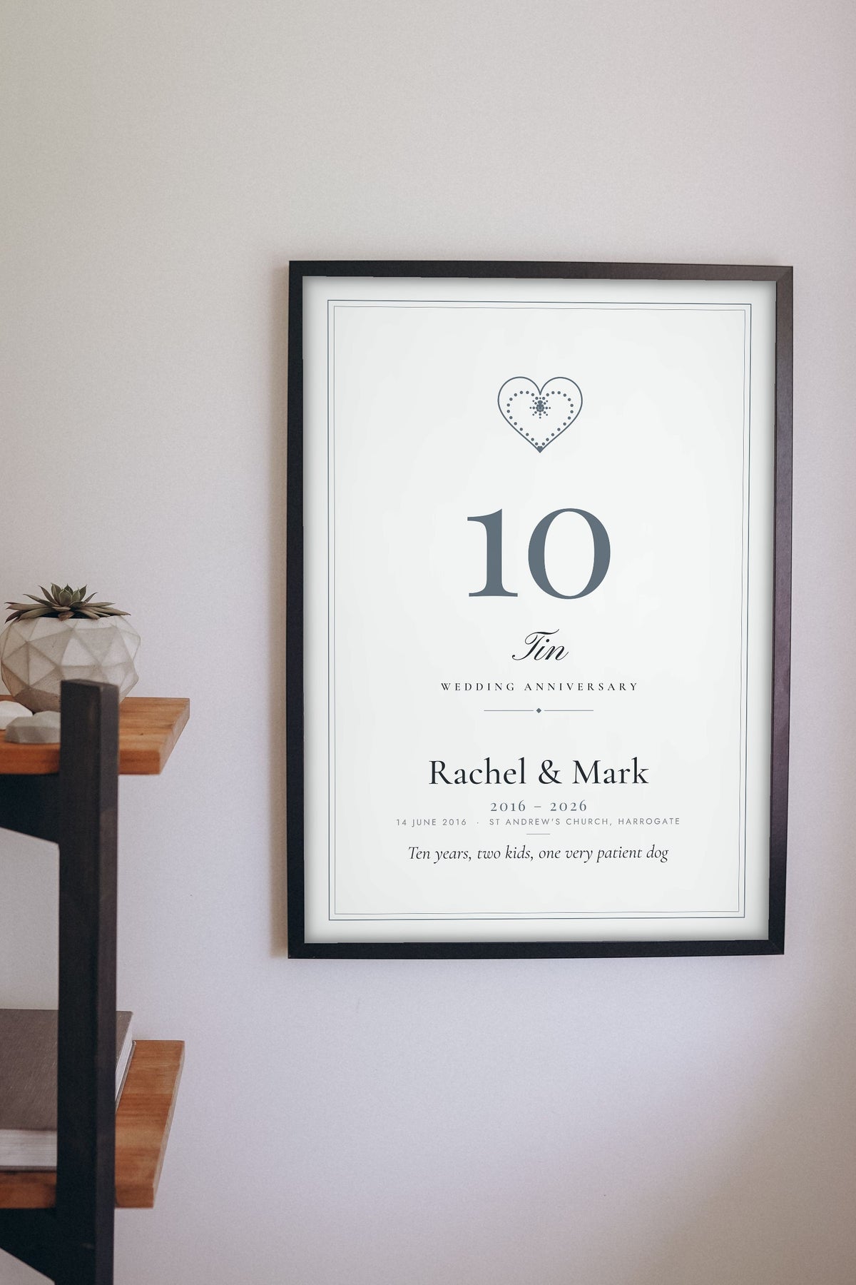 Personalised Tin Anniversary Print - hanging on a living room wall