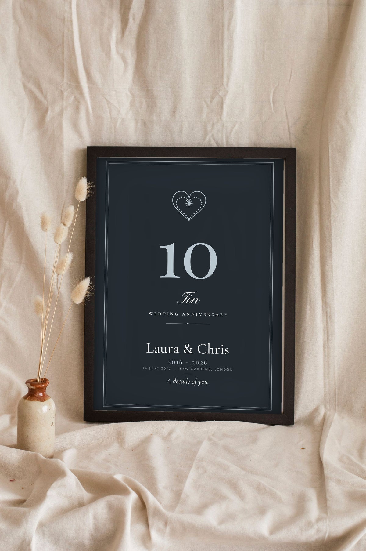 Personalised Tin Anniversary Print - leaning in a frame, dark