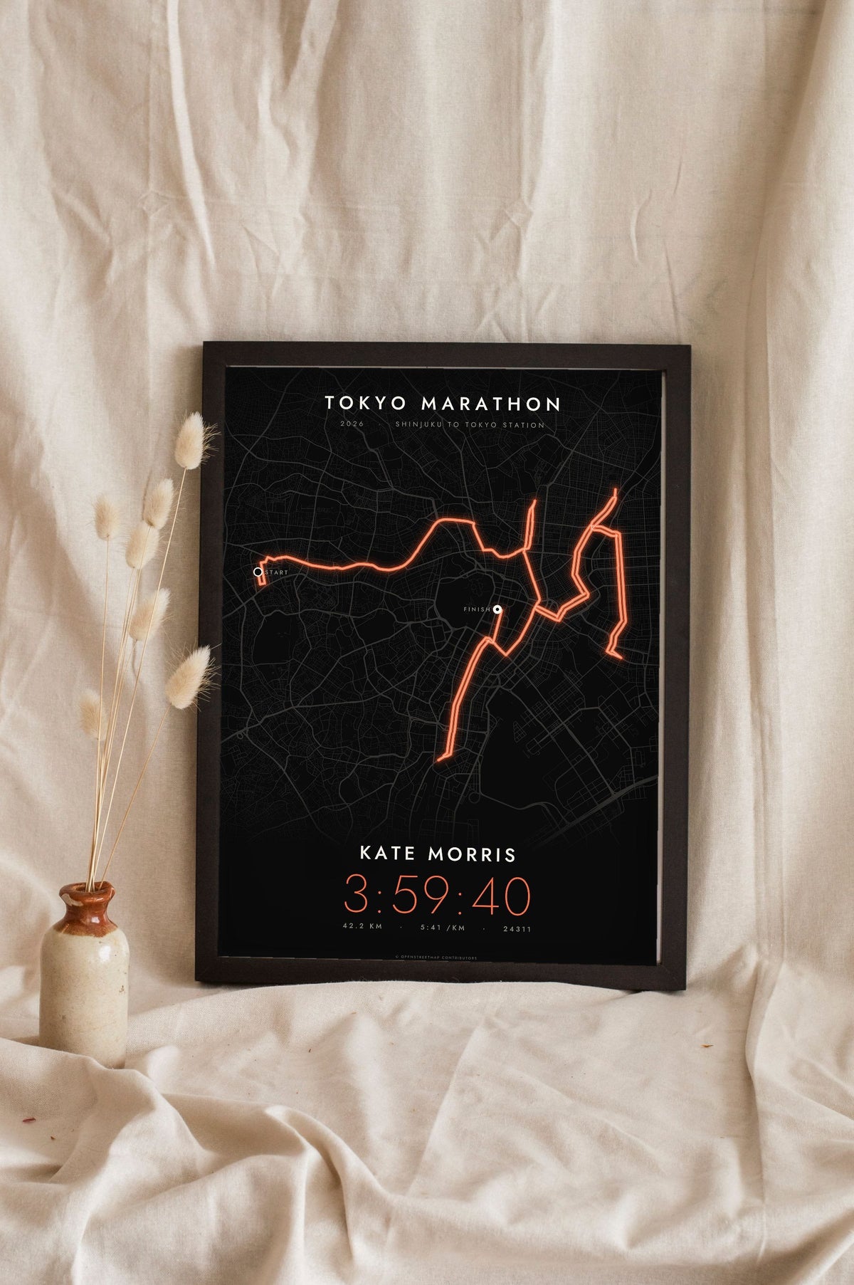 Personalised Tokyo Marathon Print - night style Tokyo Marathon print, the course glowing on a dark ground
