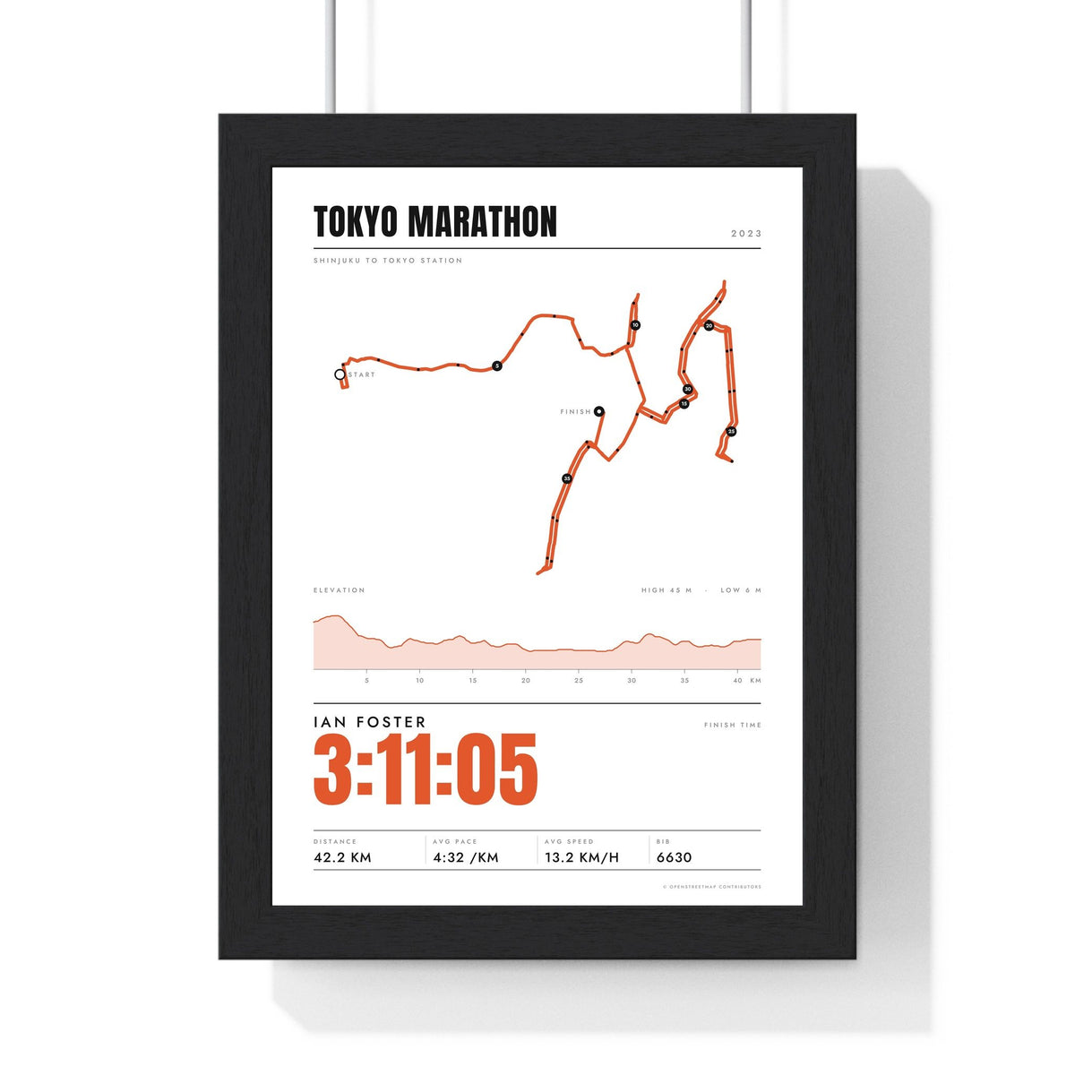 Personalised Tokyo Marathon Print - framed stats style Tokyo Marathon print with elevation profile