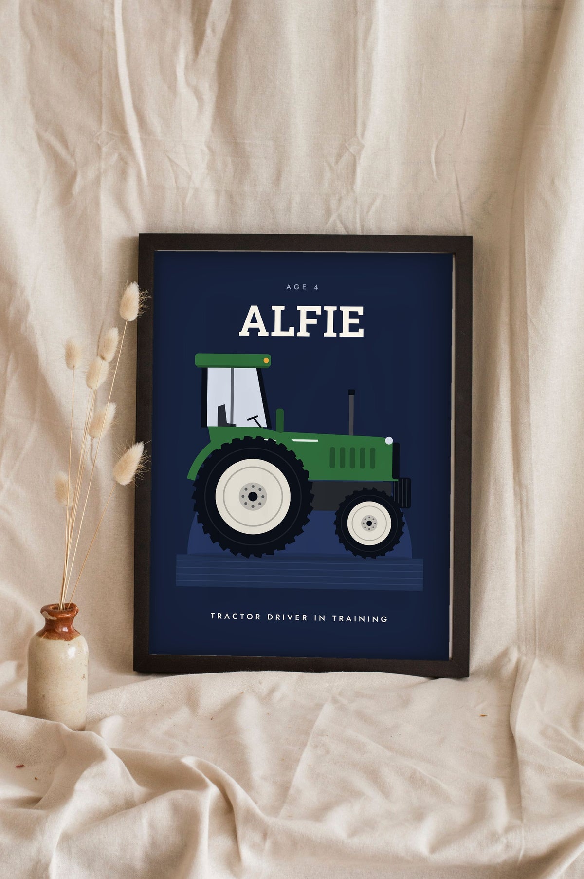 Personalised Tractor Print - navy version with a red tractor for Alfie, age 4