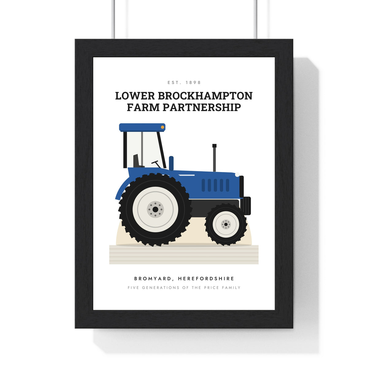 Personalised Tractor Print - white version with a blue tractor for a family farm partnership