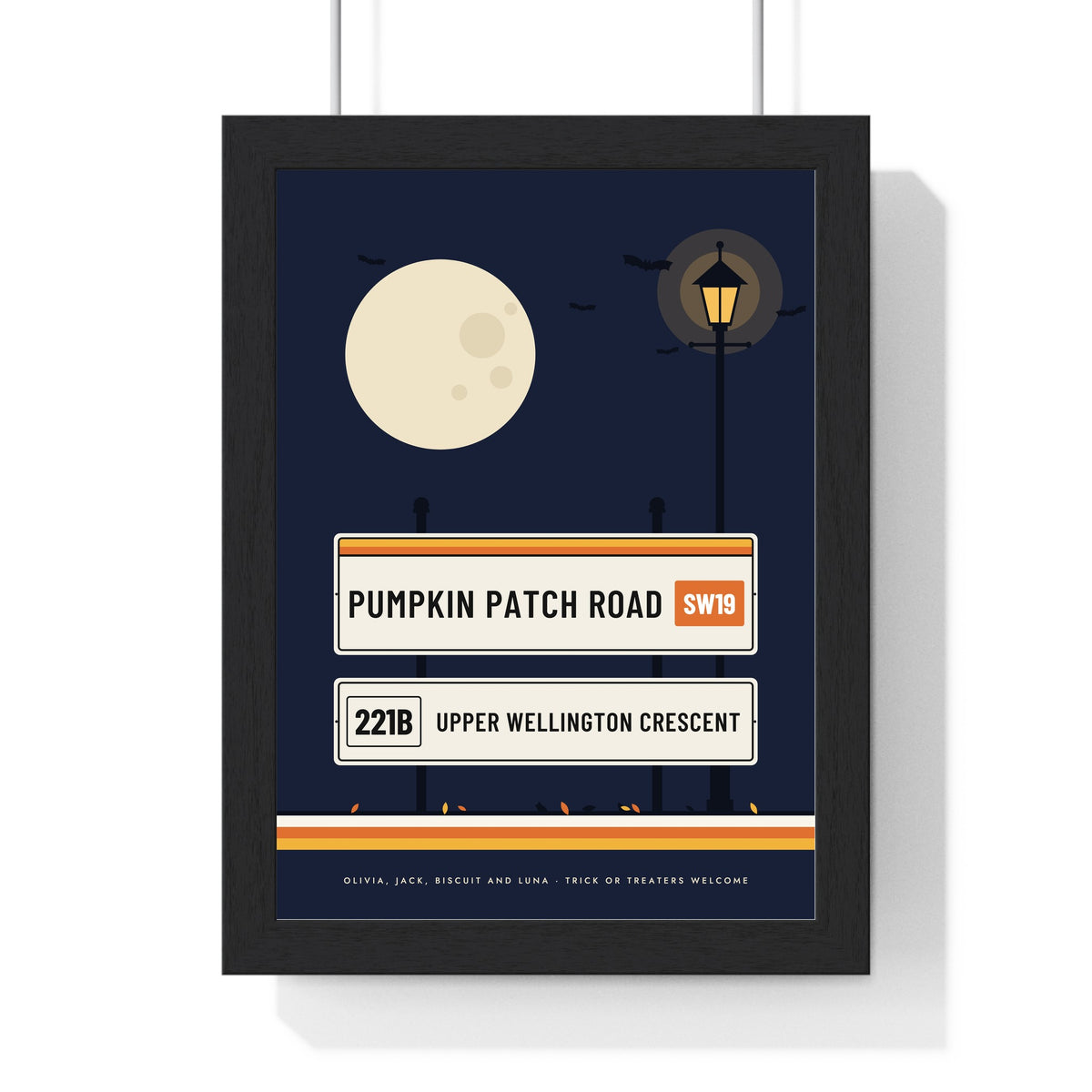 Personalised Halloween Street Sign Print - framed night blue Pumpkin Patch Road version