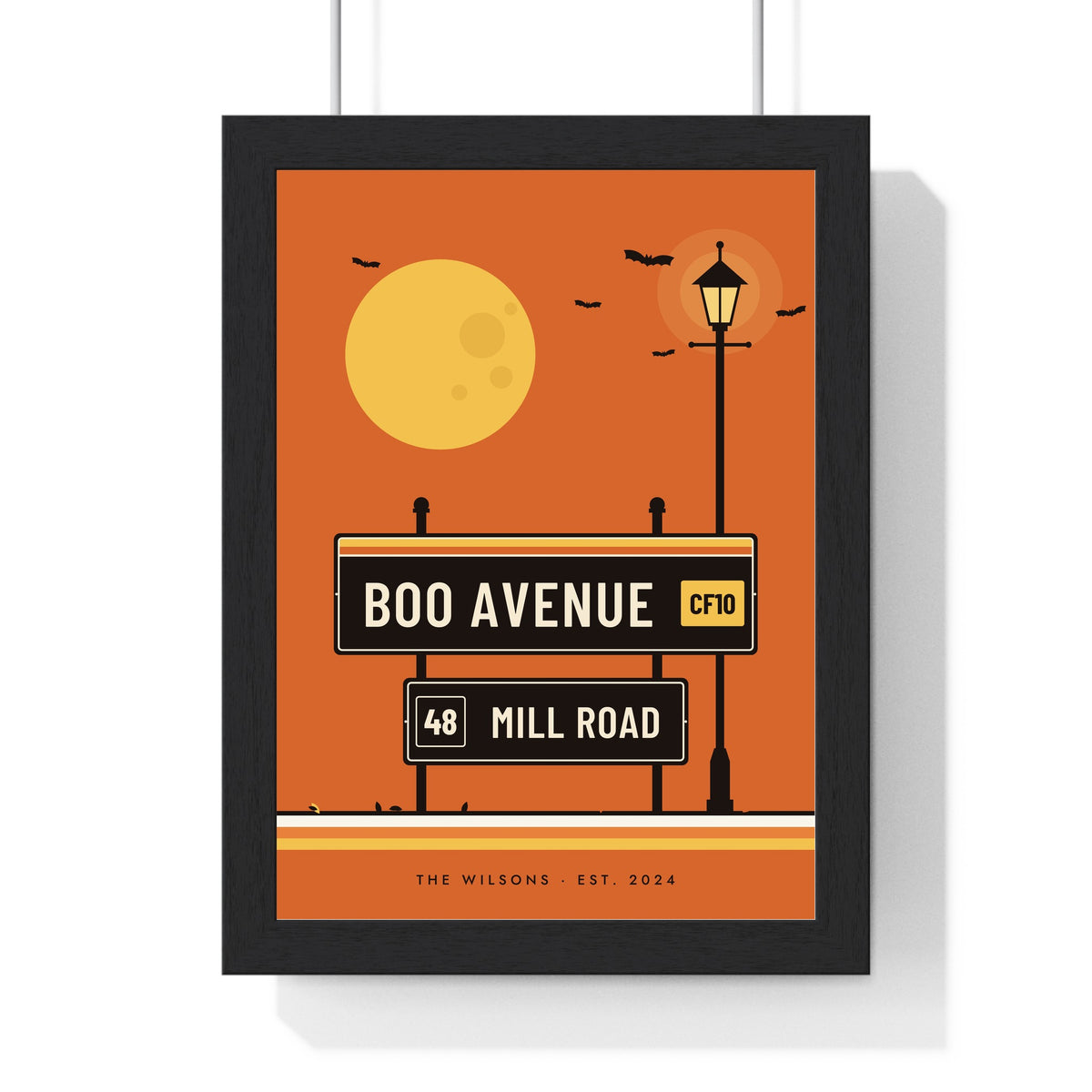 Personalised Halloween Street Sign Print - framed pumpkin orange Boo Avenue version