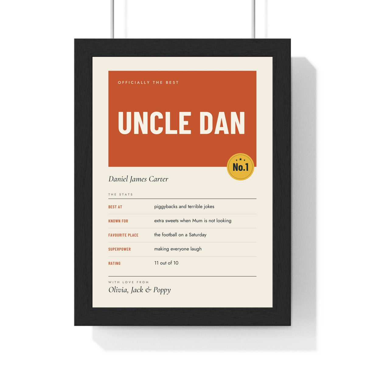 Personalised Uncle Print - framed cream and rust Uncle Dan stats print