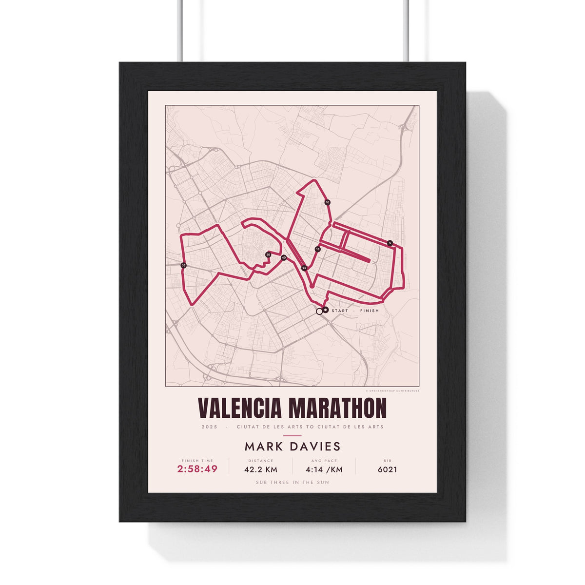 Personalised Valencia Marathon Print - framed street map Valencia Marathon route print with name and finish time