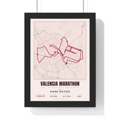 Personalised Valencia Marathon Print - framed street map Valencia Marathon route print with name and finish time