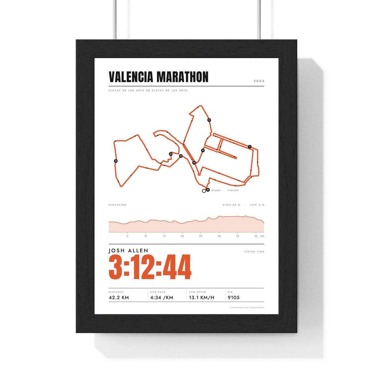 Personalised Valencia Marathon Print - framed stats style Valencia Marathon print with elevation profile