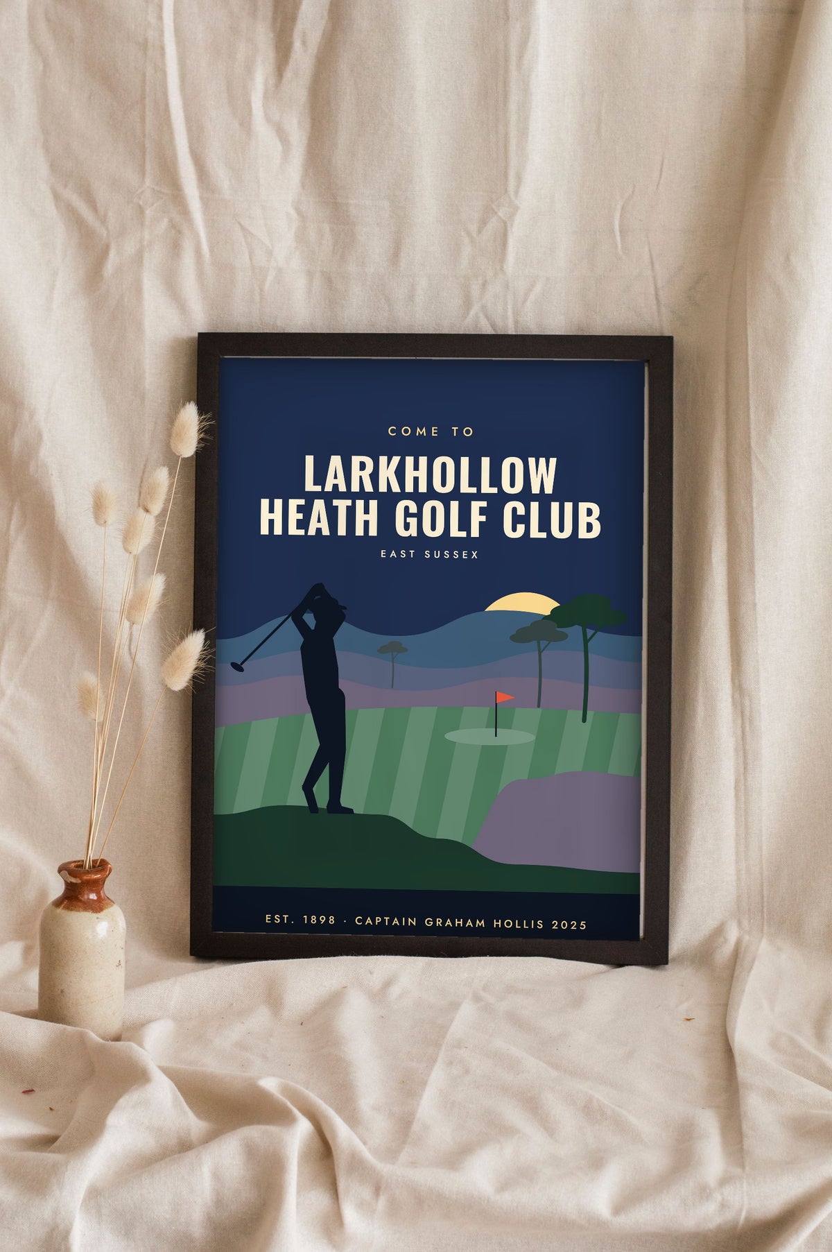 Personalised Vintage Golf Club Poster - dusk navy heathland version for Larkhollow Heath Golf Club