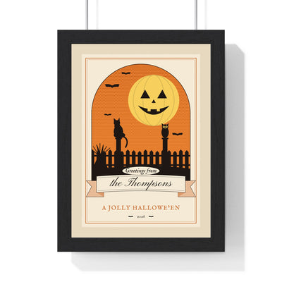 Personalised Vintage Halloween Postcard Print - framed vintage Halloween postcard print, greetings from the Thompsons