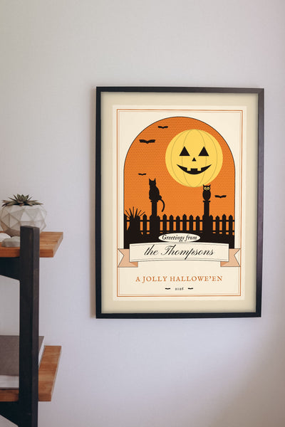 Personalised Vintage Halloween Postcard Print - vintage Halloween postcard print on the hallway wall